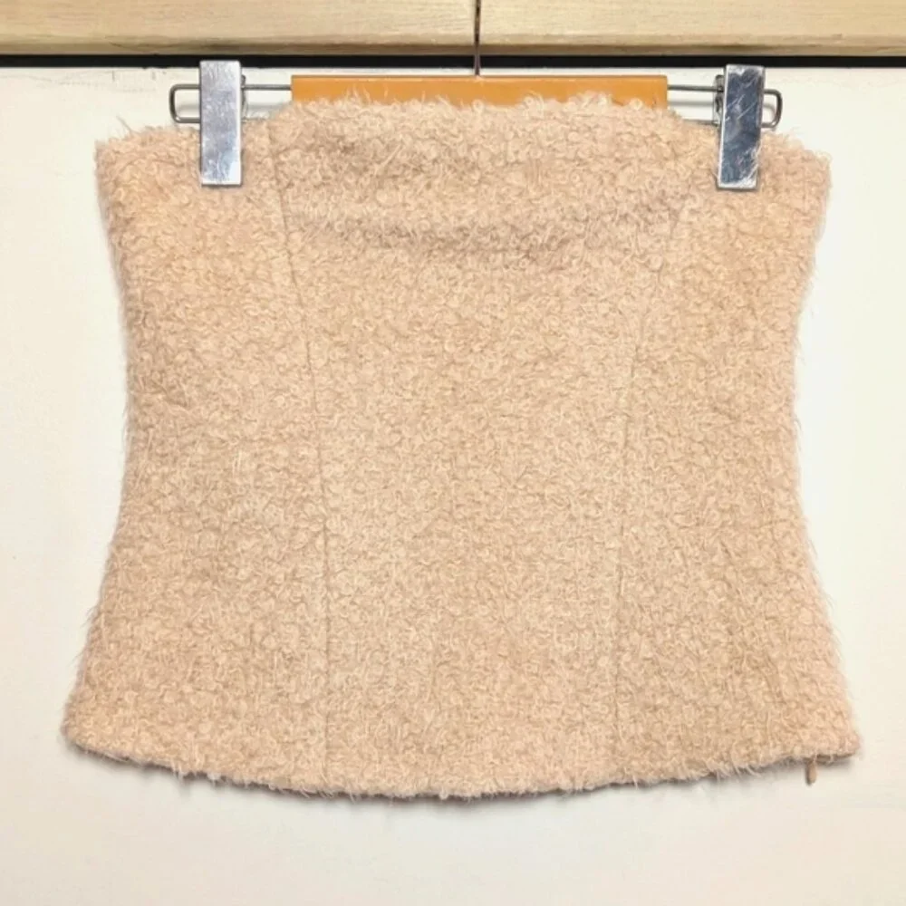 ZARA | Women's Cream/Tan Wool Blend Strapless Sherpa Teddy Bustier Top - Picture 2 of 6